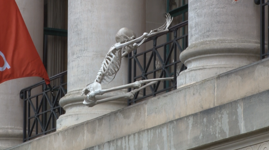 A skeleton on a Memorial Union balcony, photographed on October 30, 2016. The Memorial Union will be hosting several Halloween events in upcoming days.