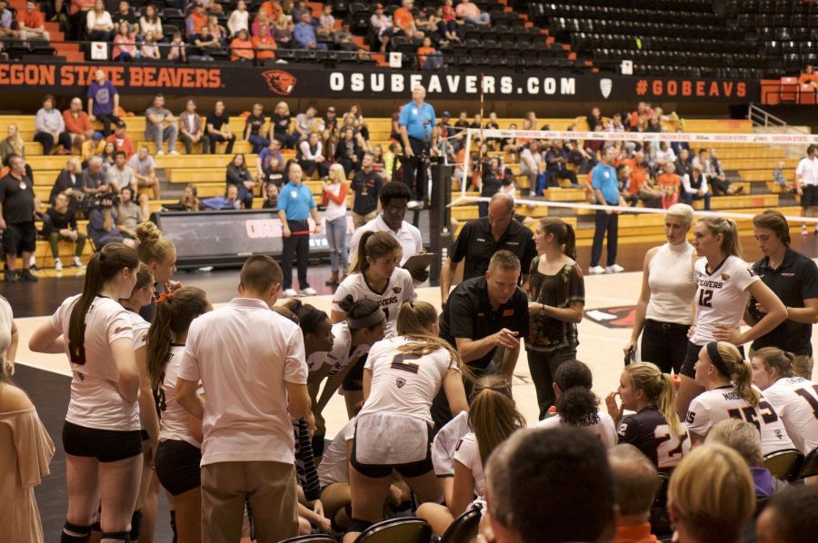 OSU women’s volleyball head coach Mitch Barnard talks to his team while playing University of Washington on Oct. 9. Barnard became head coach last June after 11 years of assistant coaching at OSU, with eight of those years being the assistant head coach. 