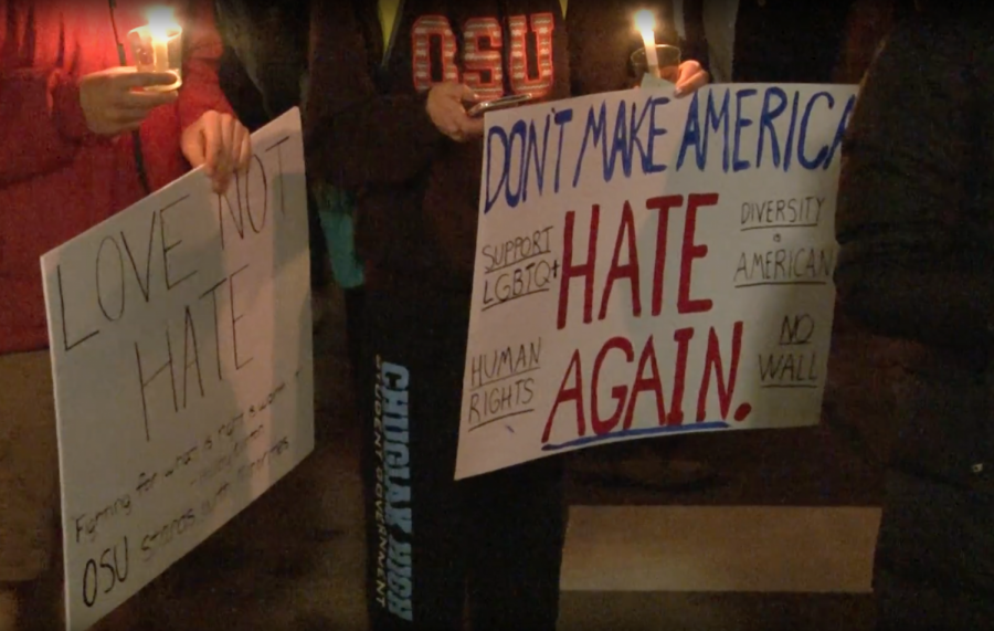 A peace rally took place outside the Memorial Union last night. Over 400 students attended, carrying signs and candles. 