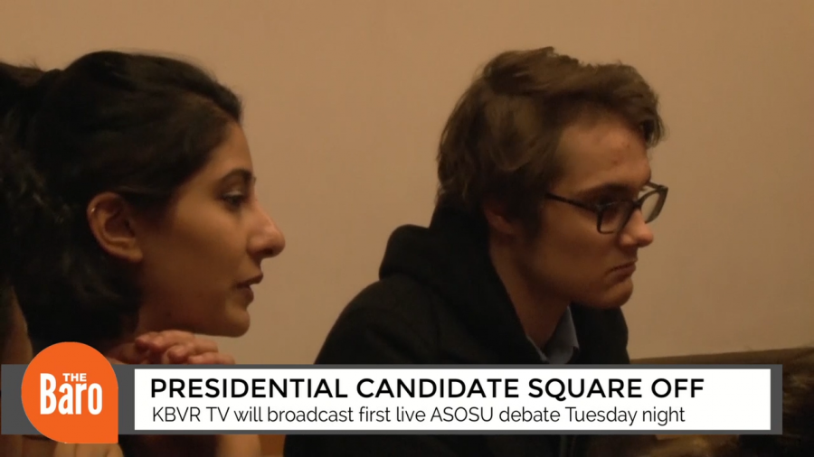 Candidates Simon Brundage and Radhika Shah prepare for Tuesday's debate.