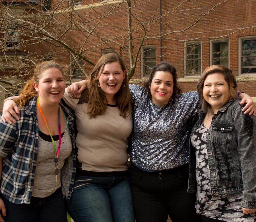 Jessie Jones, Sarah Moore, Alex Sisca and Mylisa Krueger are involved in the Oregon State Fashion Show. Krueger designed a plus-sized line of clothes and Jones, Moore, and Sisca are the models for her line. 