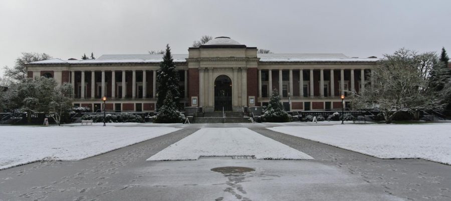 The OSU Memorial Union covered in snow during a surprise snowstorm in early March 2017. 