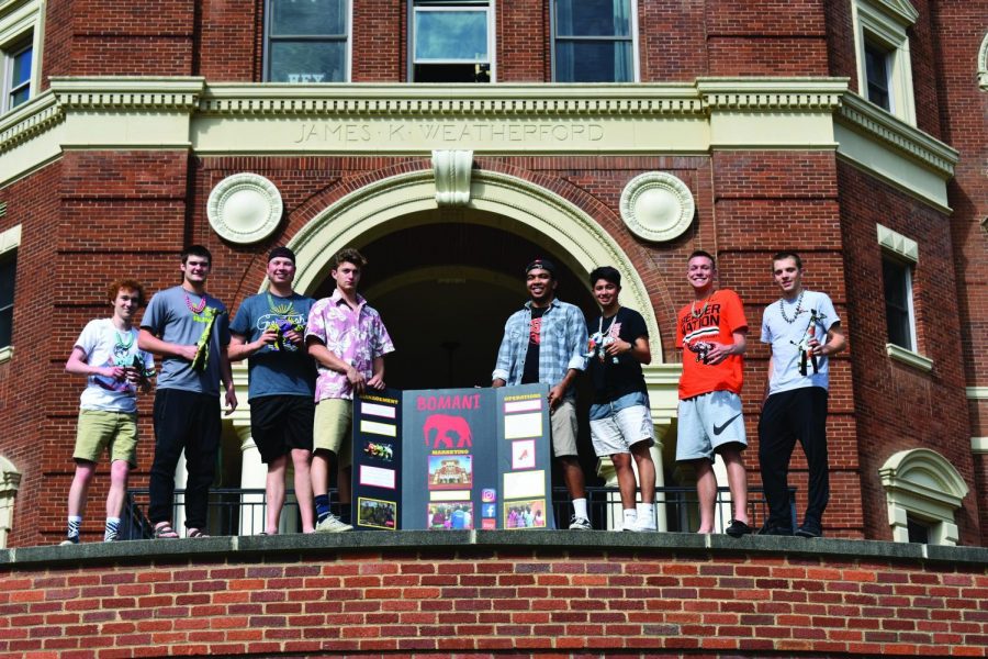 From left: Tosten Peterson, Eric Wilson, Jack Loberg, Maverick Kressman, Keenan Basug, Weston Figueroa, Jonathon Gengler and Chris Silbernagel pose for a photo in front of Weatherford Hall. The students are part of Bomani, a group in the class Innovation Nation ­­­— Ideas to Reality, which raises funds for 16xOSU. 