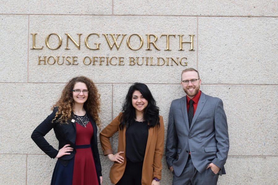 Candalynn Johnson, Isamar Chávez and Eric George stand outside of the Longworth House Office Building in Washington D.C. The group met with a legislative aid for Rep. Earl Blumenauer on Wednesday to discuss issues around undocumented students rights and Pell Grants. 