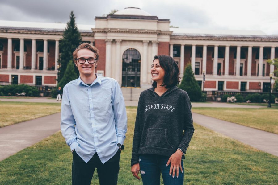 ASOSU President Simon Brundage and ASOSU Vice President Radhika Shah stand in front of the Memorial Union. Brundage and Shah are placing an emphasis on transparency for their upcoming year in office.