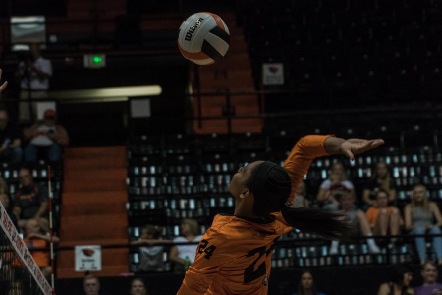 Sophomore Serena Bruin goes for a kill. The Beavers have started the season by winning seven of their eight games and look to begin Pac-12 play on Sept. 19.