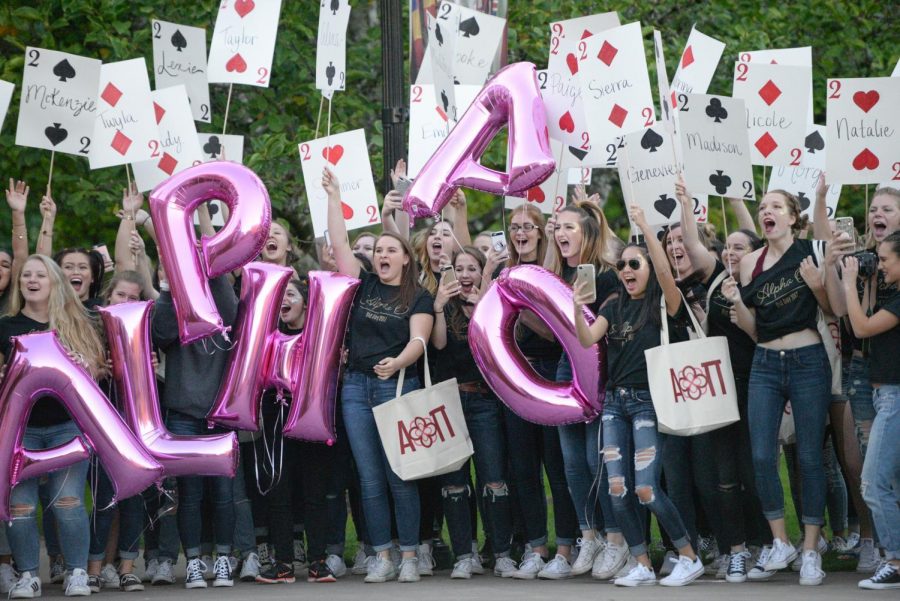 Alpha Omicron Pi welcomes their new members on Bid Day in the Memorial Union Quad. The chapter currently has 130 members and has recently moved into a new physical chapter house, where they house select members and hold chapter meetings. 