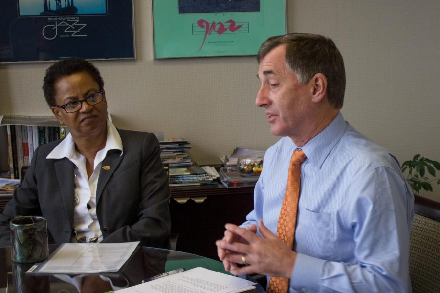 (Left) Vice President and Chief Diversity Officer Charlene Alexander and (right) Chair of the Architectural Naming Committee Steve Clark discuss the renaming evaluation.