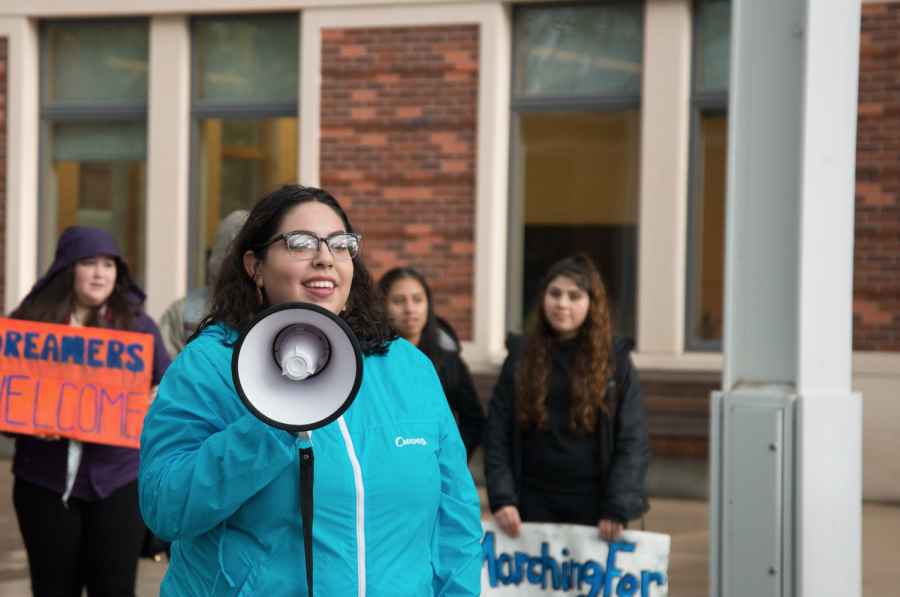 OSU student Priscila Narcio leads a chant during the Oct. 9 student walkout to gain support for a clean DACA bill. Narcio herself is a DACA recipient, and advocated for a show of solidarity with undocumented students in Oregon and the United States as a whole. 