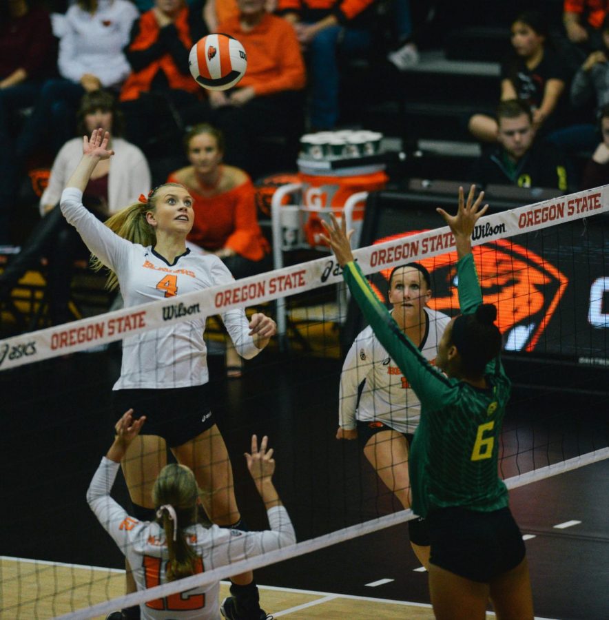 Redshirt+freshman+Outside+Hitter+Haylie+Bennett+elevates+for+a+spike+against+The+University+of+Oregon.+Bennett+has+recorded+245+kills+this+season%2C+trailing+only+Mary-Kate+Marshall+%28506%29+and+Maddie+Goings+%28313%29.
