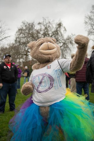 An anti-Trump, rainbow tutu-wearing, life-sized teddy bear made their presence felt at the 2018 Womens March in Corvallis.