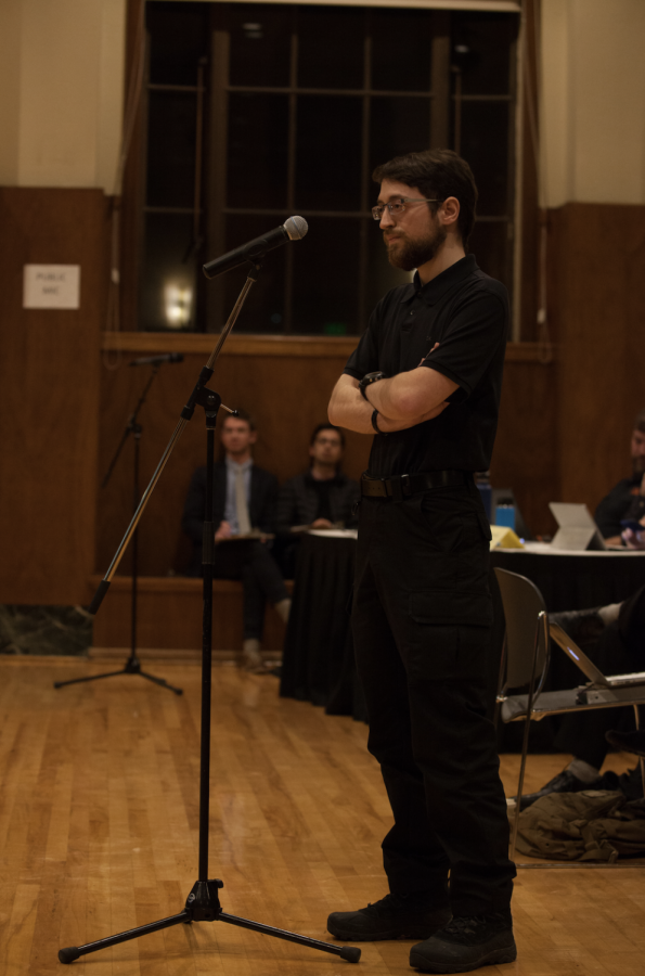 Andrew Oswalt, a current Associated Students of Oregon State University graduate representative, speaks during the ASOSU Congress joint session on Jan. 24. Oswalt, who has expressed white nationalist views, faces a recall vote on Feb. 12. Oswalt is also on the 2018 candidate list for a graduate representative position.