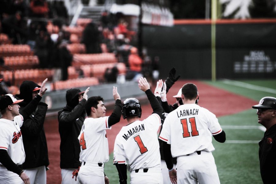 Oregon State University teammates congratulate each other with high fives in Goss Stadium. The Beavers beat the Hawks in all four games this weekend.