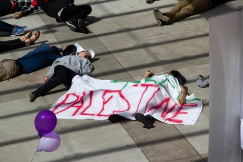 Students United for Palestinian Equal Rights - OSU staged a die-in protest during the Israel Block Party in the SEC plaza this afternoon. The group had a banner that said, Free Palestine.