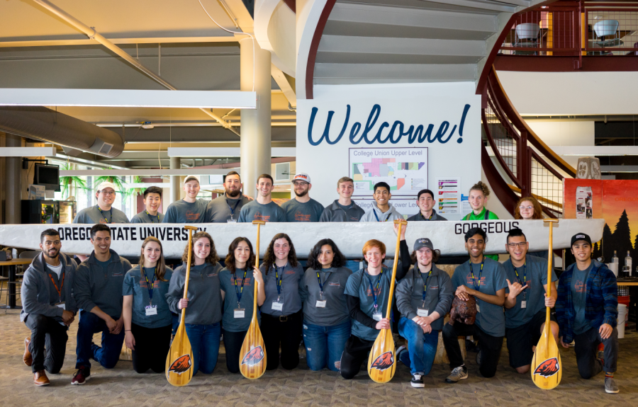 Oregon State University’s Concrete Canoe Team poses with their canoe “Gorgeous” at the American Society of Civil Engineers Pacific Northwest Regional Conference, where they took second place overall in the competition.