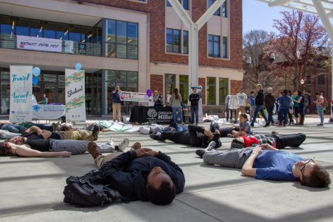 Students United for Palestinian Equal Rights - OSU staged a die-in protest during the Israel Block Party in the SEC plaza this afternoon. The group had a banner that said, Free Palestine.