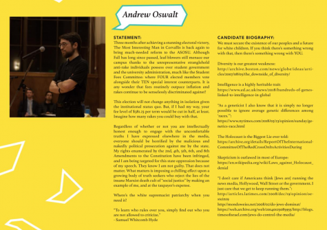 Andrew Oswalts platform for his Student Fee Committee candidacy was published in The Baro on May 14, 2018. The other six candidates platforms were published as well. 