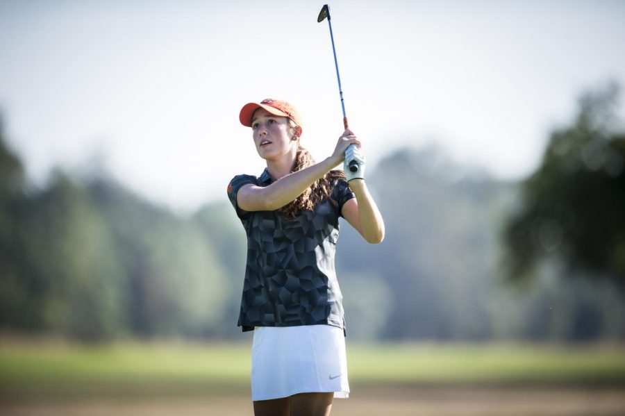 Freshman golfer Ellie Slama completes a swing. Slama led the team at the Pac-12 Championships.