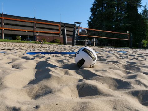 A volleyball rests on the sand volleyball courts south of the Dixon Recreation Center. This is where the summer intramural volleyball games will be held.