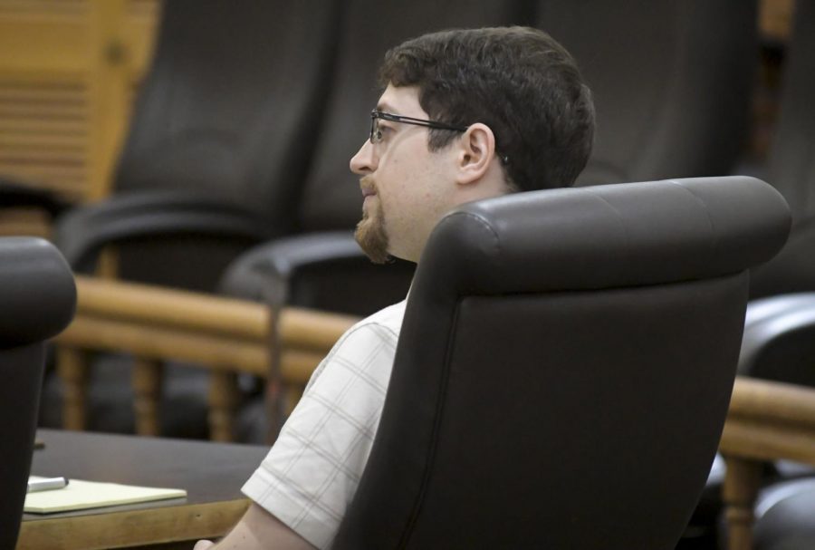 Andrew Oswalt, an OSU Ph.D. candidate, in court during the first day of his criminal trial. He would later be found guilty on all counts, including three felony hate crime charges.