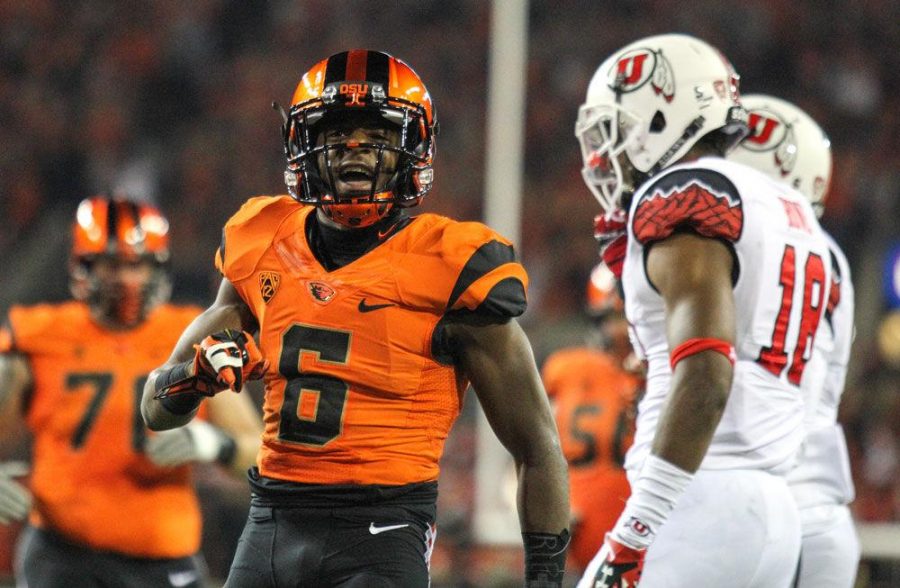 Junior wide receiver Victor Bolden celebrates after a catch against the Utah Utes in Corvallis Oct. 16, 2014.
