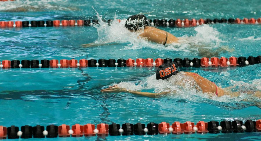 Oregon State and Idaho swimmers swim neck-and-neck to try and grab a win for their team. The Beavers were the ones to walk away victorious from the meet with a final score of 159.5-96.5.