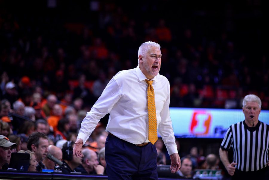 OSU Mens Basketball Head Coach Wayne Tinkle yells out to his players on the court during their game against Stanford. The Beavers were unable to secure a win against the Cardinal, taking the loss with a final score of 83-60.