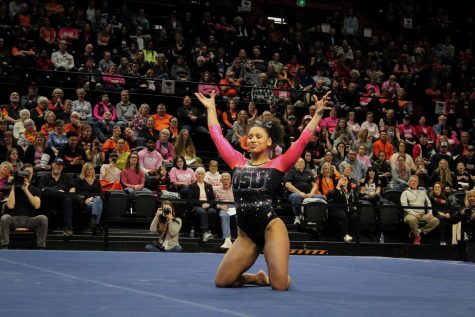 OSU junior all-arounder Isis Lowery performs her floor routine as the Beavers edge towards earning a 196.950-196.150 win over the California Golden Bears. Lowery earned a 9.875 on her routine, the second-highest mark for the Beavers from the floor in the meet. 