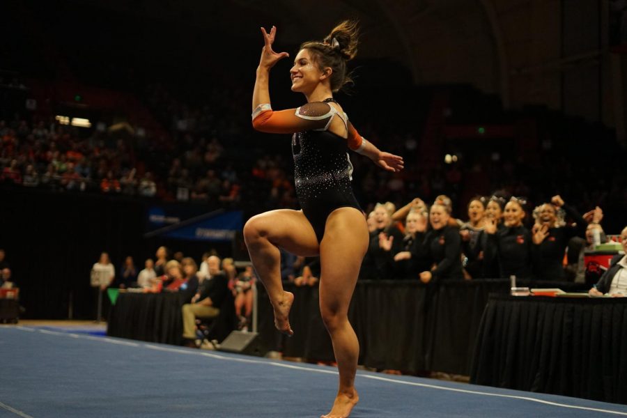 OSU sophomore gymnast Kaitlyn Yanish performs her floor routine at the end of the NCAA Corvallis Regional meet. Yanish scored 9.900 on the floor, while also tallying a 9.825 on the vault.