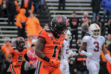 Oregon State Football redshirt sophomore wide receiver Tyjon Lindsey stands after a play versus Stanford on Saturday, Sept. 28 in Reser Stadium. 