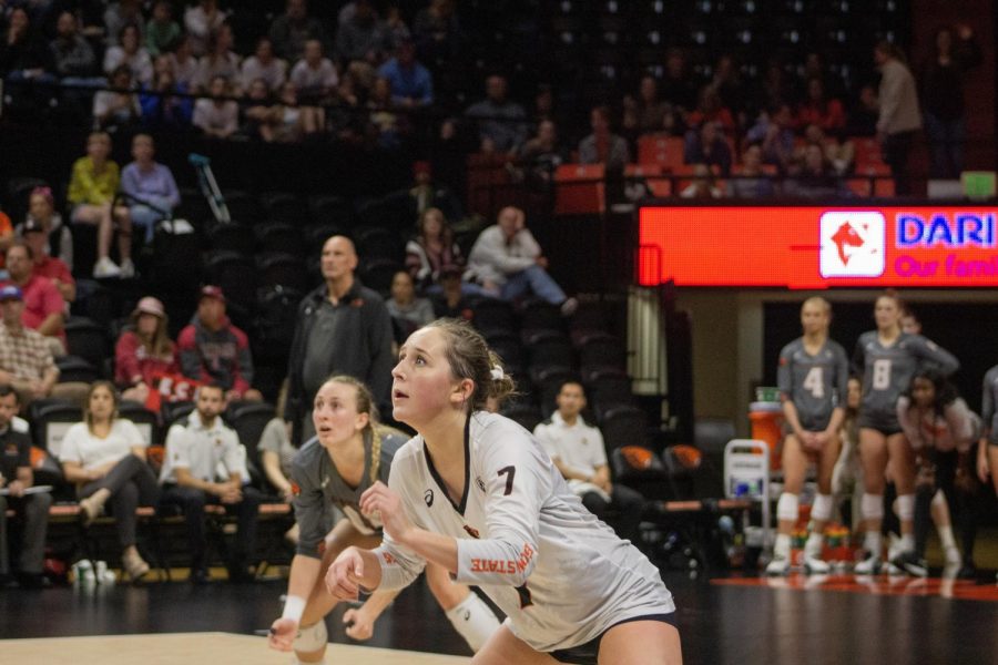 OSU junior libero Grace Massey square up to defend for the Beavers versus No. 3 Stanford on oct. 5 in Gill Coliseum. The Beavers lost 0-3. 