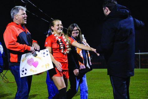 OSU senior defender Jamie McPherson is honored with other Women’s Soccer seniors in their final home game for the 2019 season. Their matchup versus Oregon ended in a win for senior night on Nov. 7.