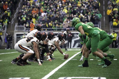 The Oregon State offense lines up against the Oregon defense in their annual Civil War game. Photo from Orange Media Network archives.