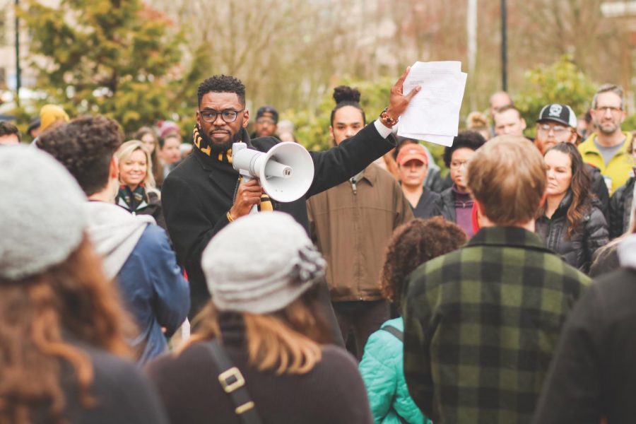 Jason Dorsette, director of Advancing Academic Equity for Student Success, leads the 2019 MLK Jr. Peace March.