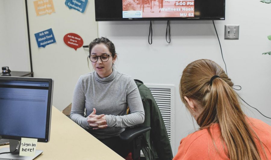 CAPS employee Samantha Giaimo, left, sits down for an interview and gives insight into the new meditation circle that is hosted at 3 p.m. on Tuesdays and Wednesdays at the Wellness Nook.
