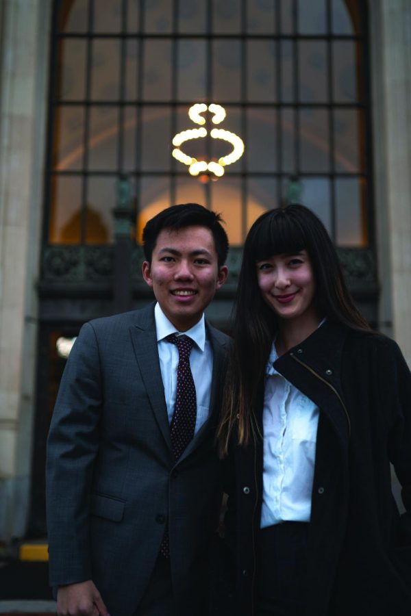Associated Students of Oregon State University Presidential Candidate Jack Hill, left, and Vice Presidential Candidate Gretchen Fujimura pose in front of the Memorial Union. 