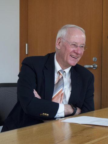 Oregon State University president Ed Ray smiles in remembrance during an interview at the Student Experience Center on Monday, Feb. 10, 2020, as he talks about some of his favorite experiences over the course of his 17-year presidency. Ray stepped down from his role as OSUs president on Jun. 30.