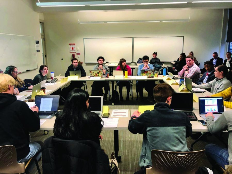 ASOSU members gather in STAG 111 for a fee mediation meeting on Jan. 29. The mediation took place between the Student Fee Committee and Congress. 