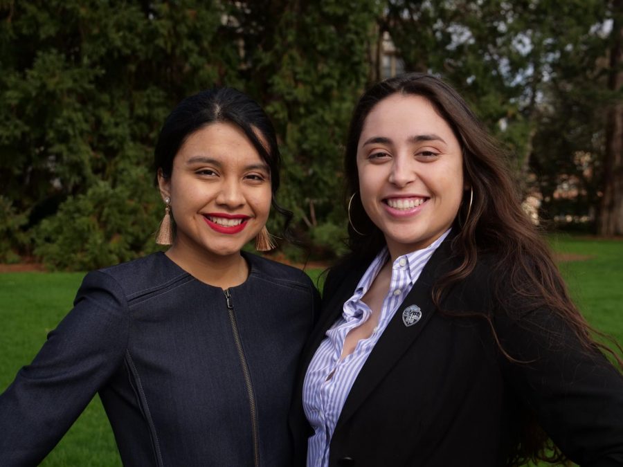 Vice President-elect Metzin Rodriguez, left, and Isabel Nuñez Pérez, president-elect, received the ASOSU 2020 Presidential Election results while standing outside of Rodriguez's class in Gilbert Hall. According to Rodriguez, the two screamed with excitement upon receiving the news. 
