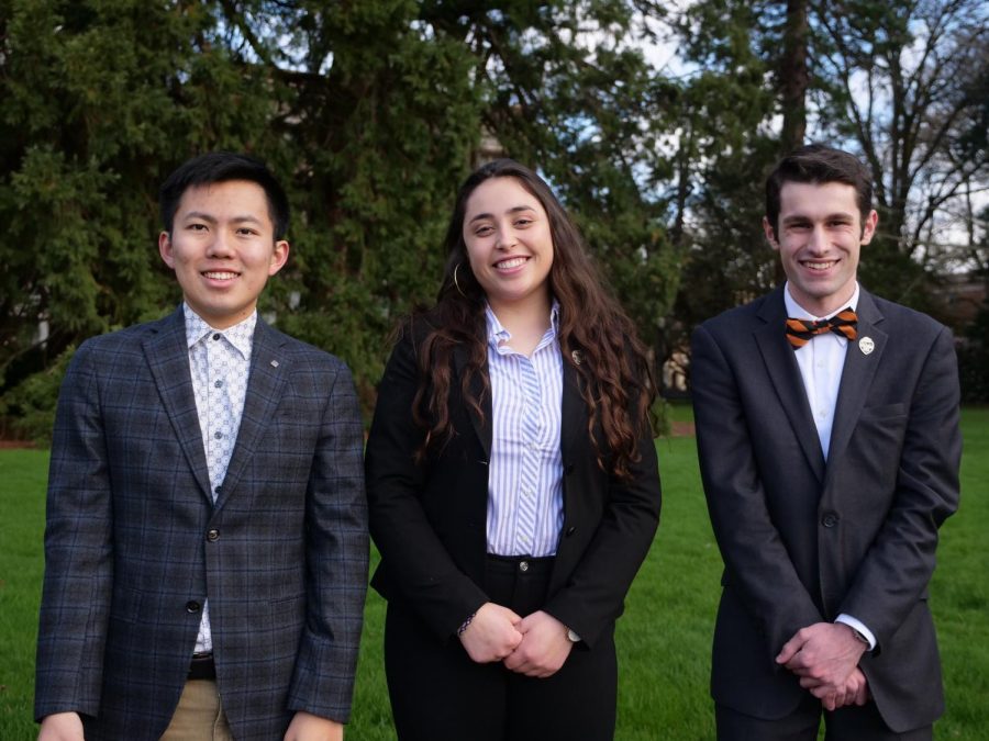 Presidential candidates Jack Hill, left, Isabel Nuñez Pérez and Dylan Perfect stand in the Memorial Union Quad. The voting period will open at 12:01 a.m. on Monday, Feb. 17, and will close on Feb. 21 at 9:59 p.m. 