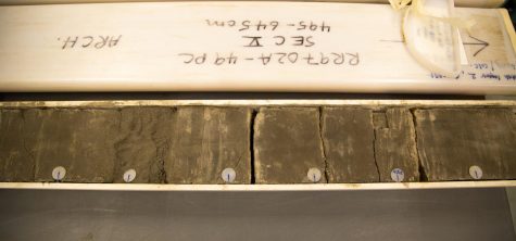 A sample of an ocean sediment core, one of the many hundreds on site. OSU will send samples of cores to researchers for analysis.