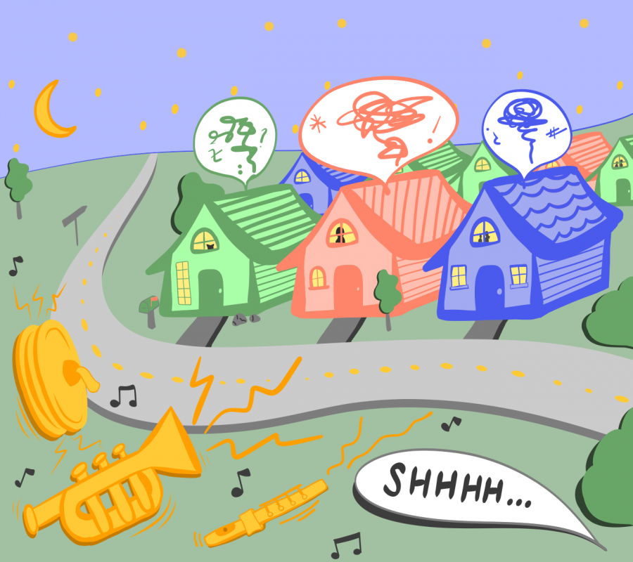 An illustration depicting the way sound travels in residential areas. Renters can prevent a visit from the police by following city and state noise laws.