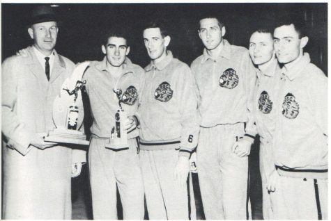 OSU Mens Cross Countrys five competitors and coach pose following their win of the NCAA Cross Country Championship in 1961. 