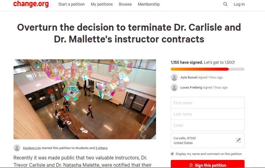 A screenshot taken April 29, 2020, of a petition for the termination of engineering instructors Natasha Mallette and Trevor Carlisle to be overturned, shows that 1,155 students, staff and community members have signed. 