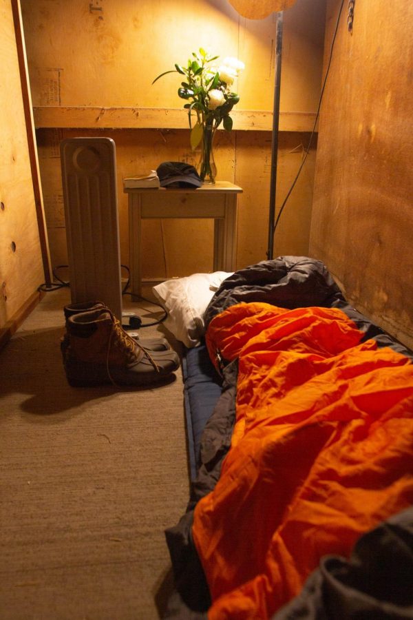 A photo illustration demonstrates an example of the inside of a Corvallis microshelter built for the homeless community, although the currently-existing microshelters generally have a more finished appearance. 