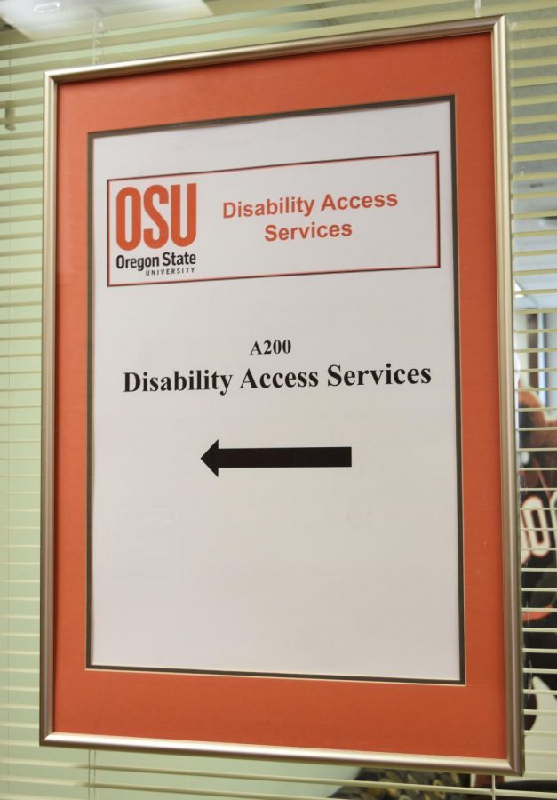 This photo was taken on March 10, 2020. A sign on the second floor of the Kerr Administration building directs students, faculty, staff and OSU visitors to the Disability Access Services office.