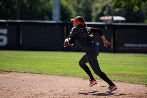 An OSU Softball infielder runs to help respond defensively in a home game in the 2019 season. 
