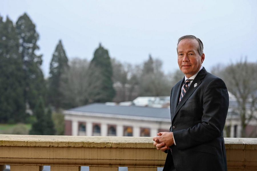 F. King Alexander, Oregon State Universitys president, stands on a balcony on the Corvallis, Ore. campus.