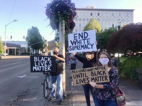 A peaceful protest in support of the Black Lives Matter movement took place on Friday, July 10, at 7 p.m. at the Benton County Courthouse in downtown Corvallis, Ore. Protestors held signs and chanted while wearing masks and practicing social distancing.
