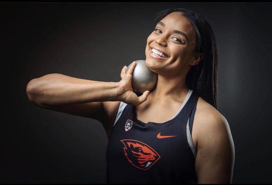 OSU Track and Field's Sydney Guthrie-Baker posing with a shot.
